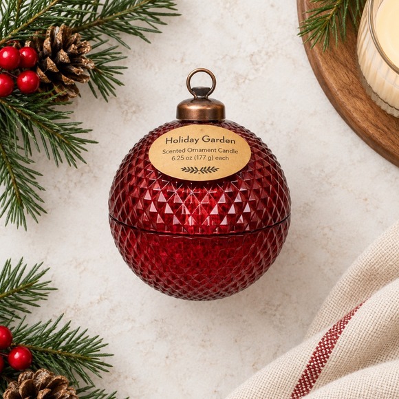 Holiday Garden Other - Holiday Garden Red Glass Ornament Scented Candle 6.25 Oz Christmas Diamond Cut